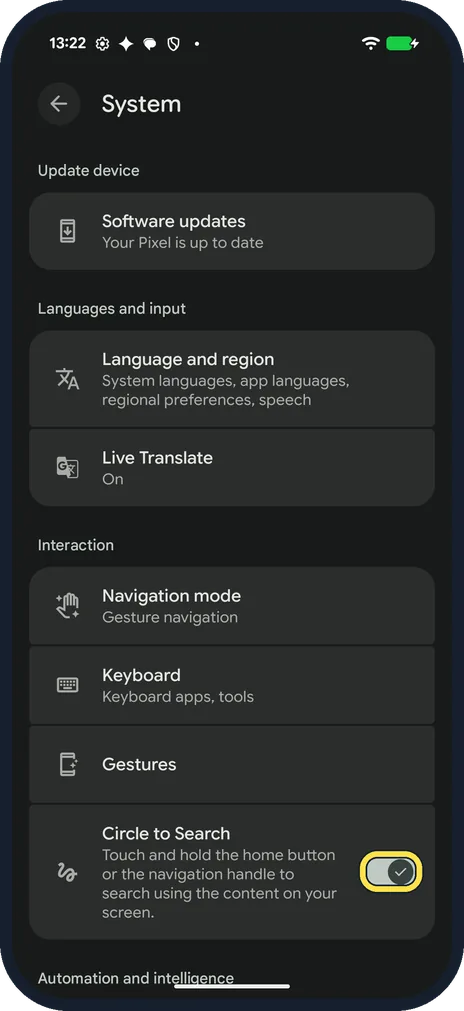 Android screenshot: Tap the switch to turn it on