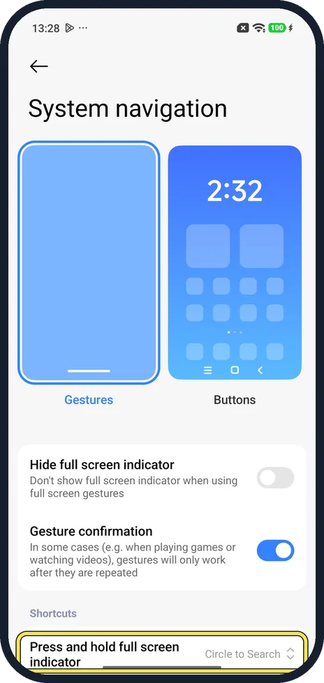 Android screenshot: Tap Press and hold full screen indicator