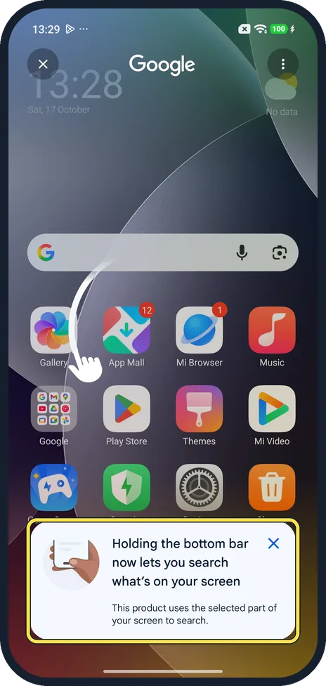 Android screenshot: Touch and hold the bottom bar