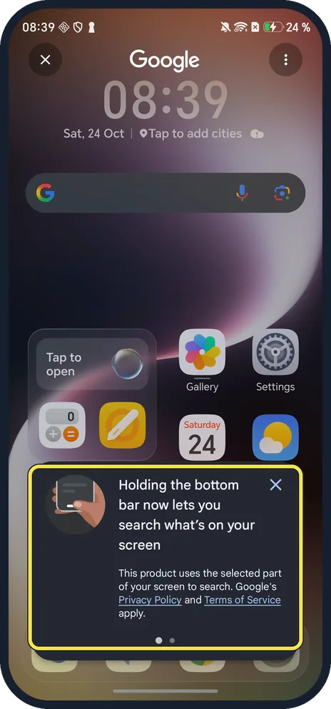 Android screenshot: Touch and hold the bottom bar
