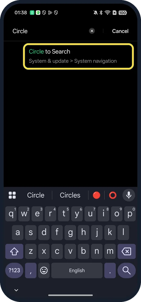Android screenshot: Search Settings for Circle