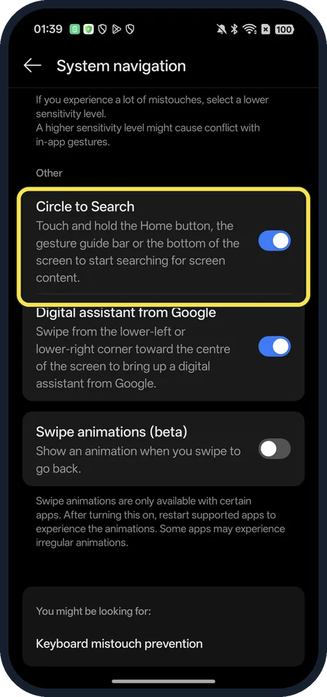 Android screenshot: Check Circle to Search is on
