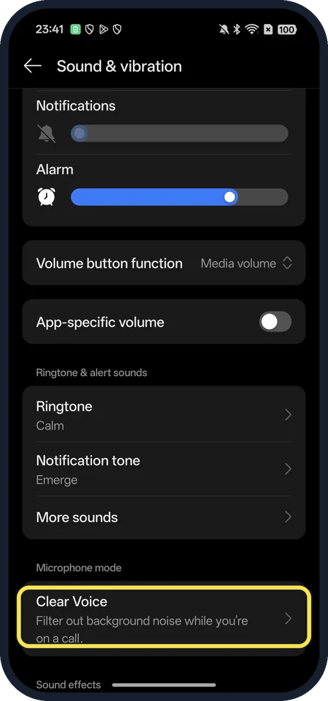 Android screenshot: Tap Clear Voice