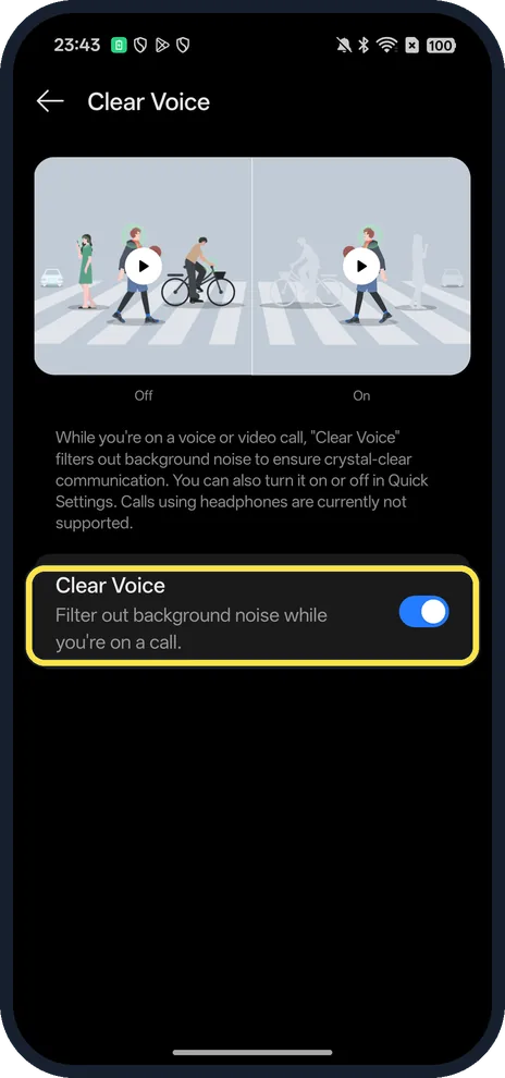 Android screenshot: Turn on Clear Voice