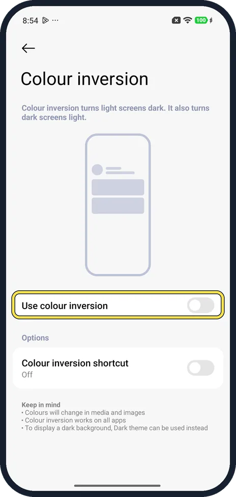 Android screenshot: Turn on Use colour inversion