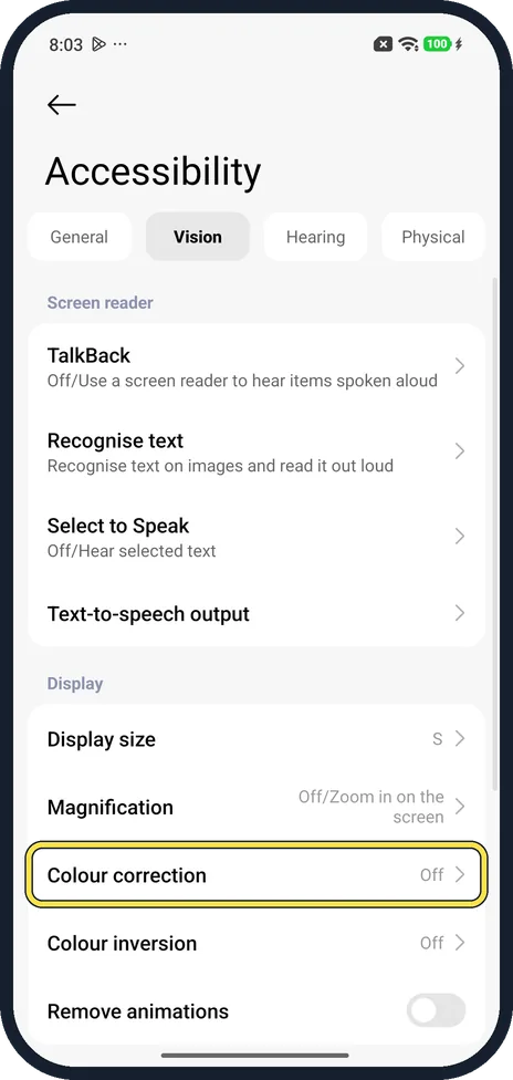 Android screenshot: Tap Colour correction