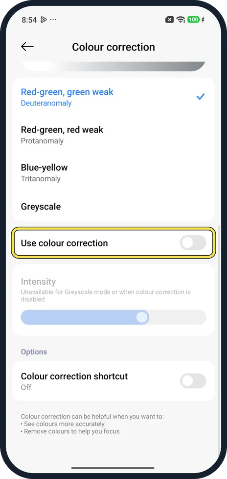 Android screenshot: Turn on Use colour correction