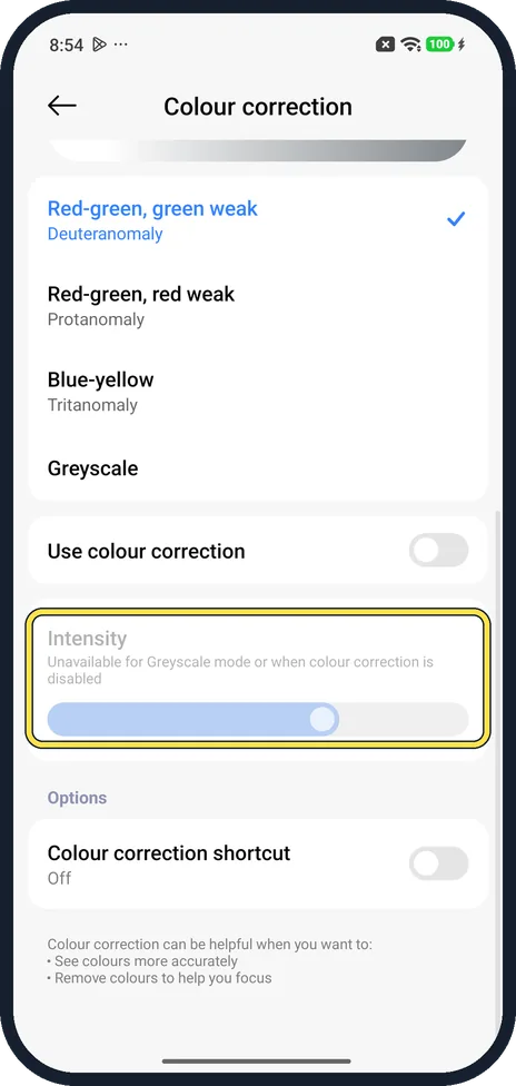 Android screenshot: Set the intensity