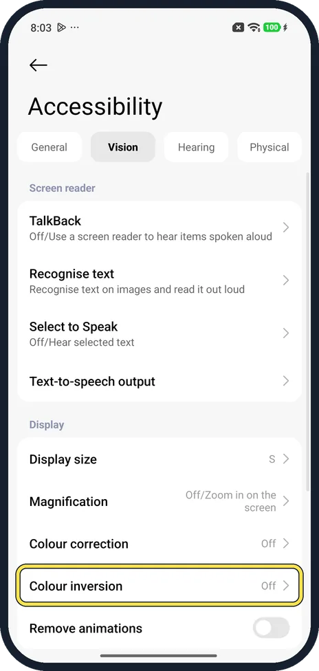 Android screenshot: Tap Colour inversion