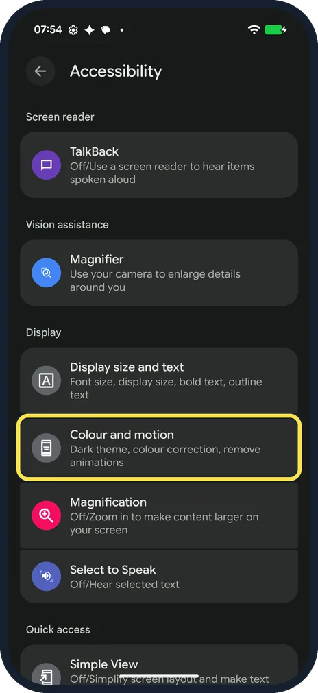 Screenshot from the guide: How to use colour correction and greyscale on a Google Pixel (Android 17)