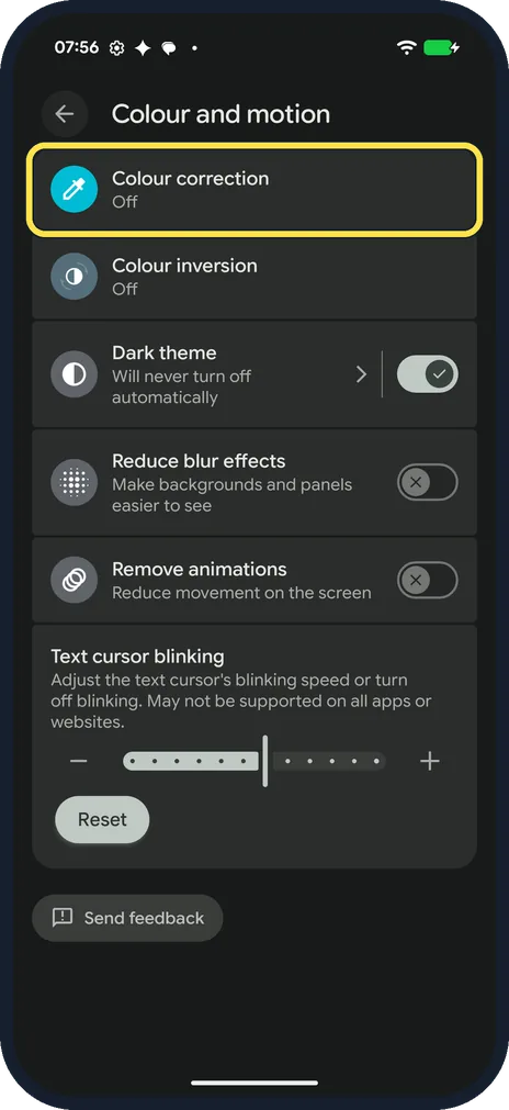Android screenshot: Tap Colour correction