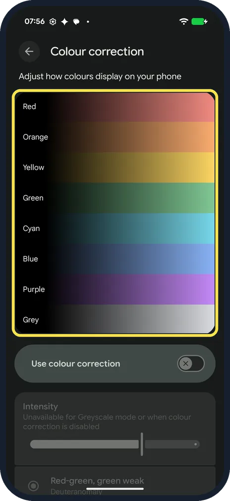 Android screenshot: Use the colour strip