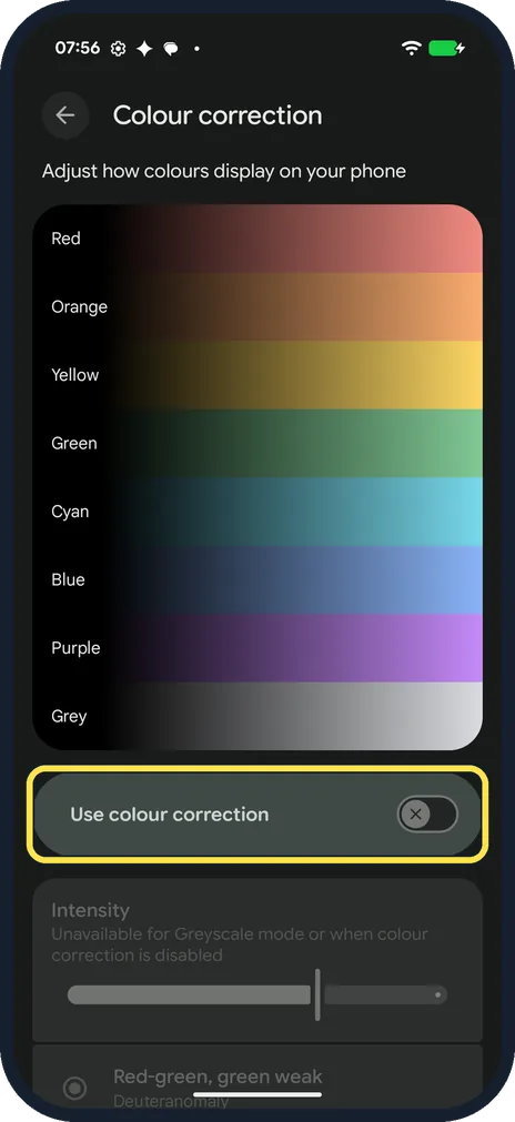 Android screenshot: Turn on Use colour correction