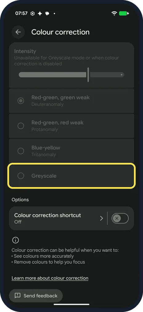 Android screenshot: Or pick Greyscale