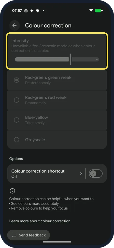Android screenshot: Set the intensity