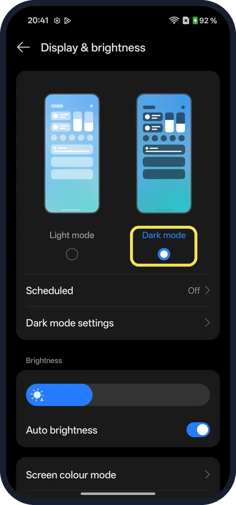 Screenshot from the guide: How to use Dark mode and its styles on a OnePlus (OxygenOS 16)