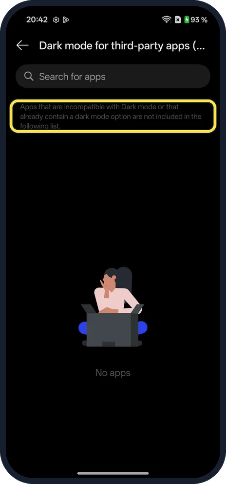 Android screenshot: Dark mode for other apps