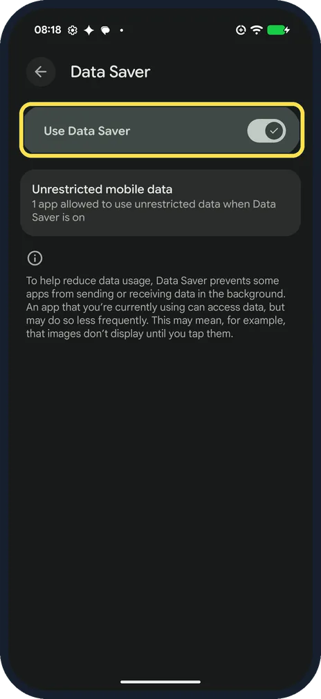 Android screenshot: Turn on Use Data Saver