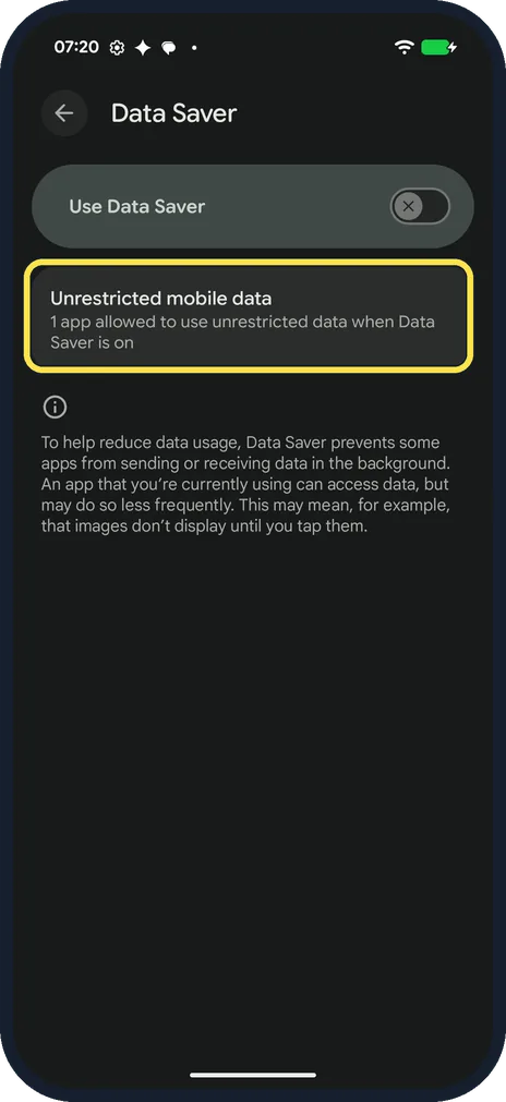 Android screenshot: Open Unrestricted mobile data