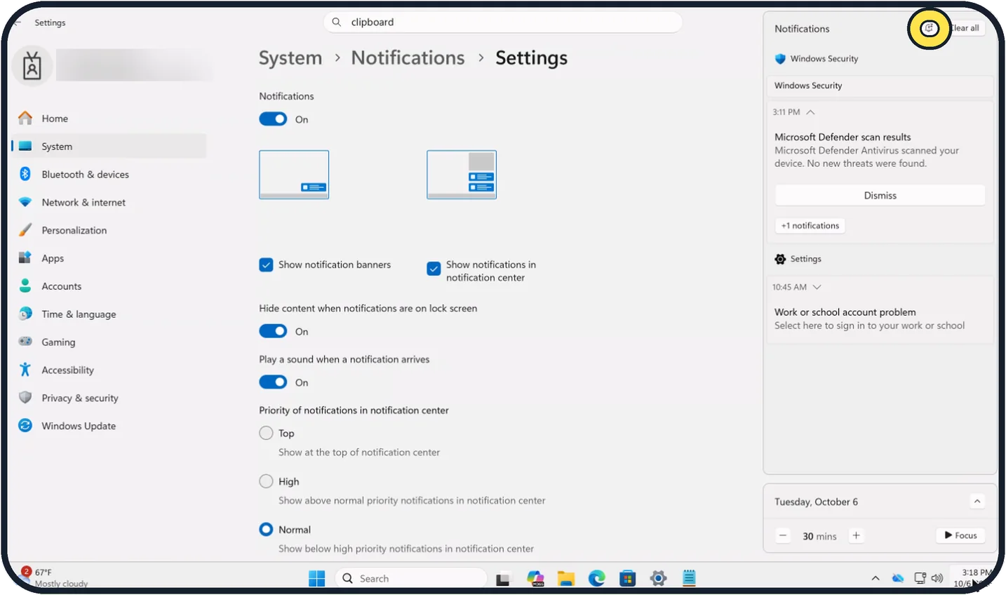 Screenshot from the guide: How to use Do not disturb and Focus on Windows 11