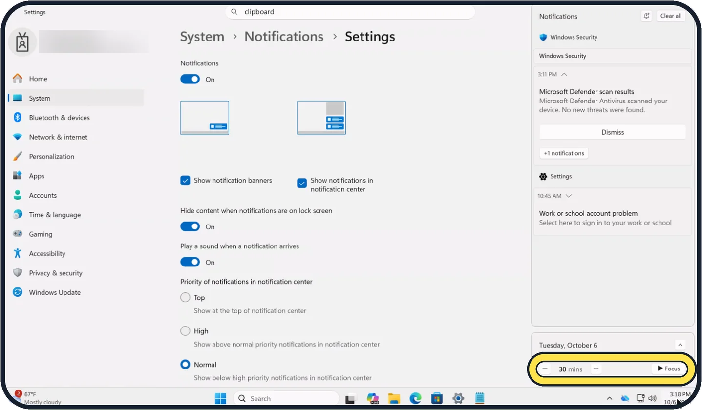 Windows screenshot: Start a focus session