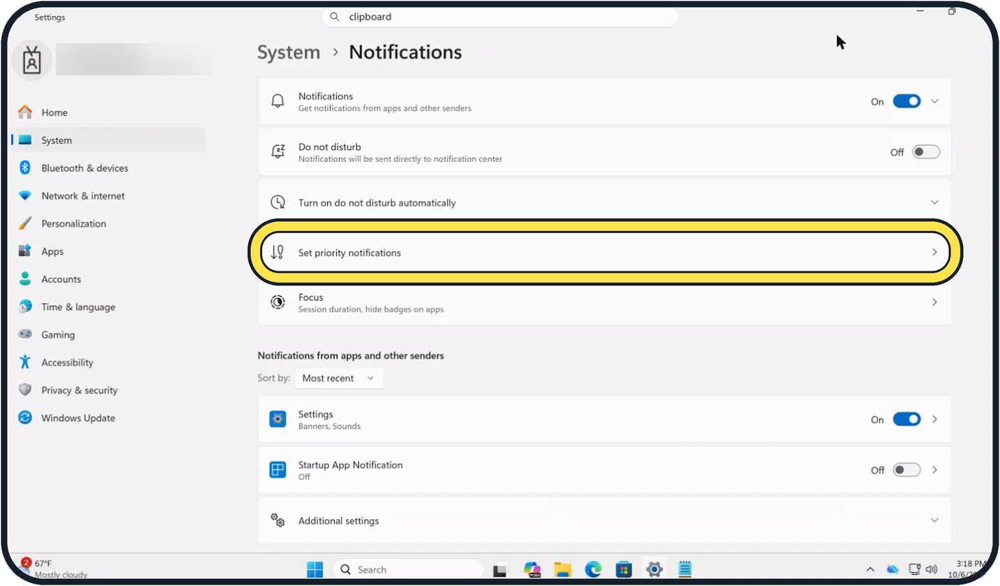 Windows screenshot: Let important things through