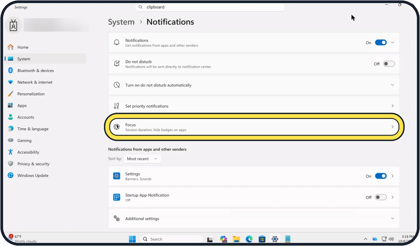 Windows screenshot: Adjust what a session does