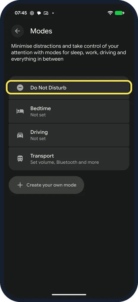 Android screenshot: Open Modes