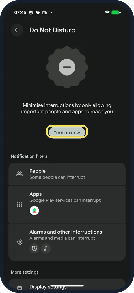 Android screenshot: Turn on Do Not Disturb