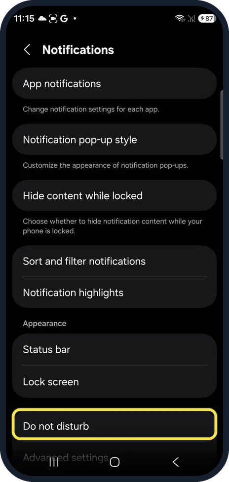 Android screenshot: Open Do not disturb