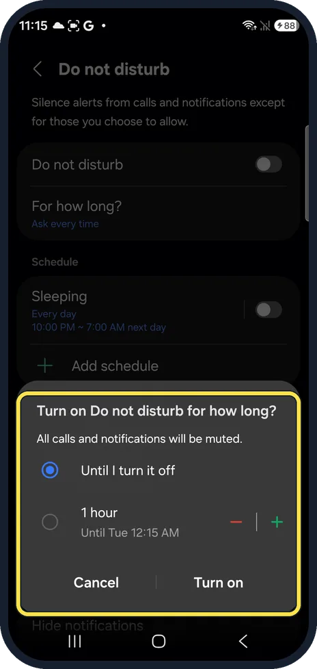 Android screenshot: Choose how long