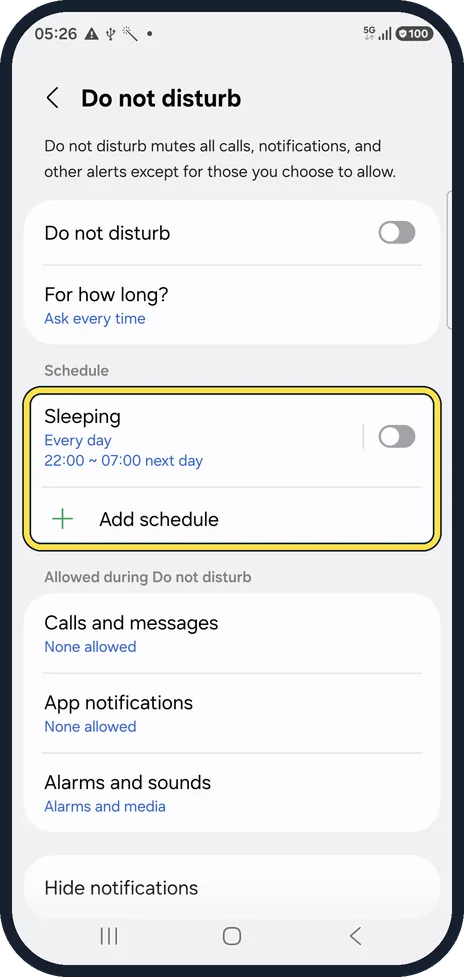 Android screenshot: Add a schedule