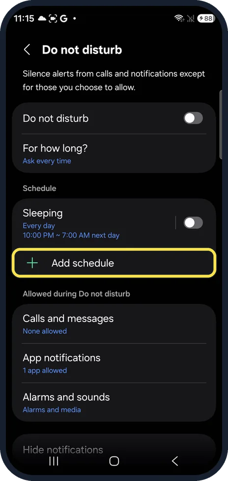 Android screenshot: Add a schedule