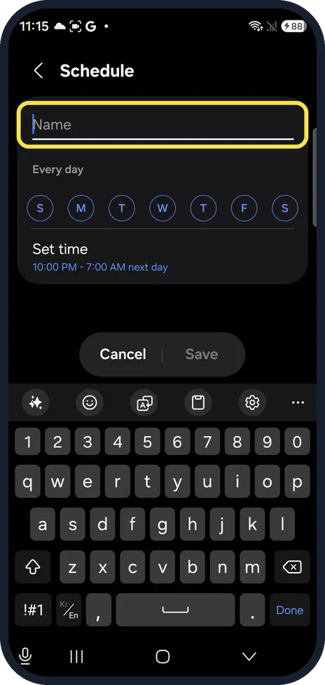 Android screenshot: Name the schedule