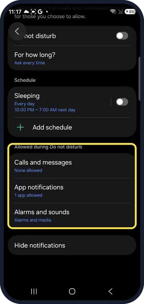 Android screenshot: Choose what may still come through