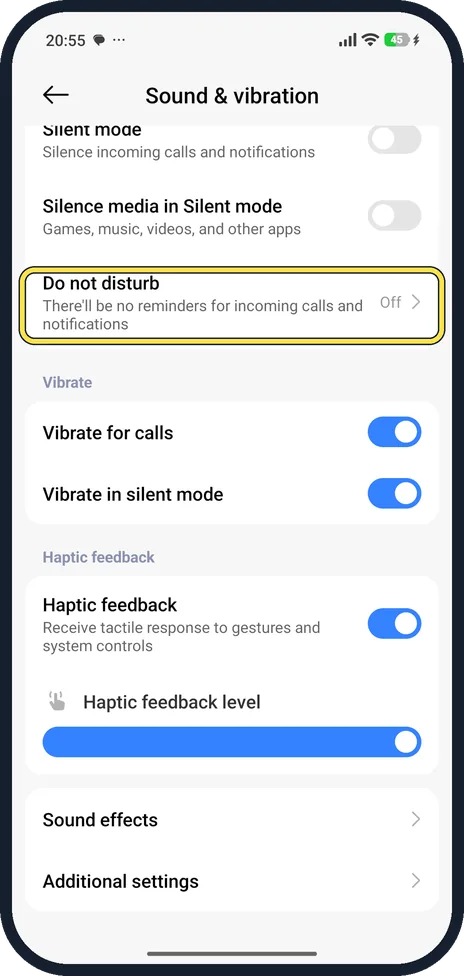 Android screenshot: Open Sound & vibration, then Do not disturb