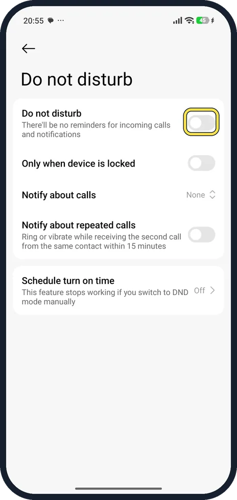 Android screenshot: Turn on Do not disturb