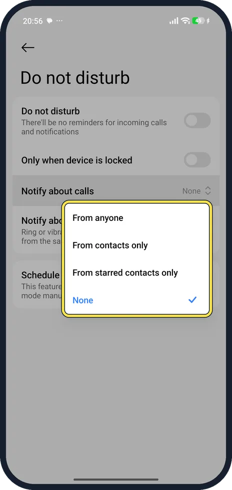 Android screenshot: Choose who can still call