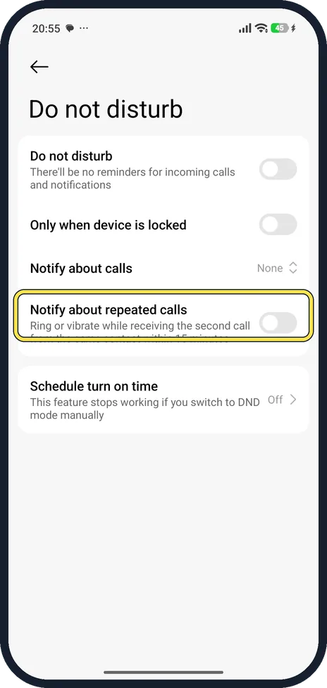 Android screenshot: Let repeated calls ring