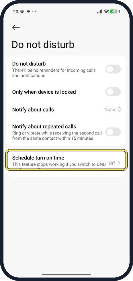 Android screenshot: Set a schedule