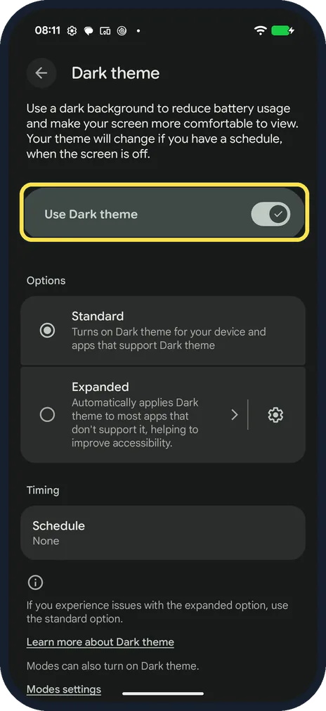 Screenshot from the guide: How to use expanded dark theme on a Google Pixel (Android 17)