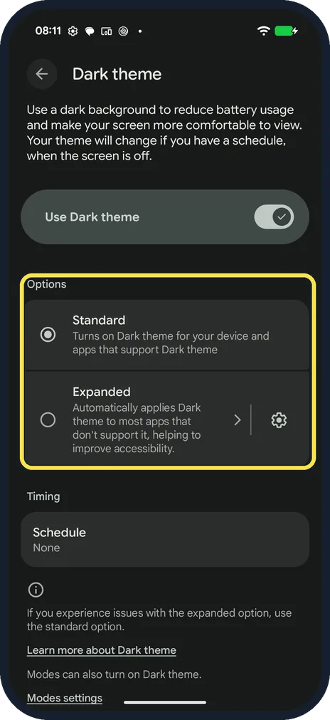 Android screenshot: Choose Standard or Expanded