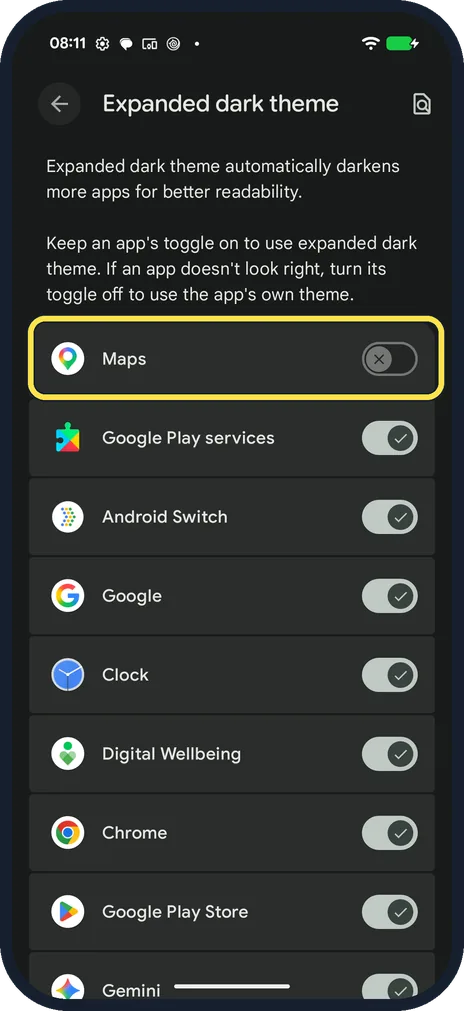 Android screenshot: Turn it off for one app