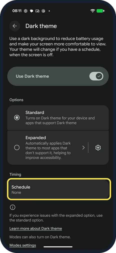 Android screenshot: Set a schedule