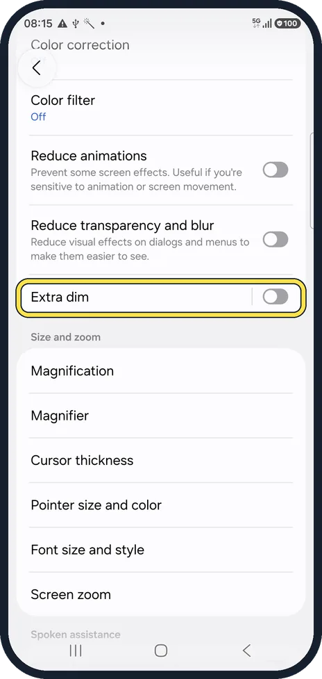 Android screenshot: Scroll down and switch on Extra dim