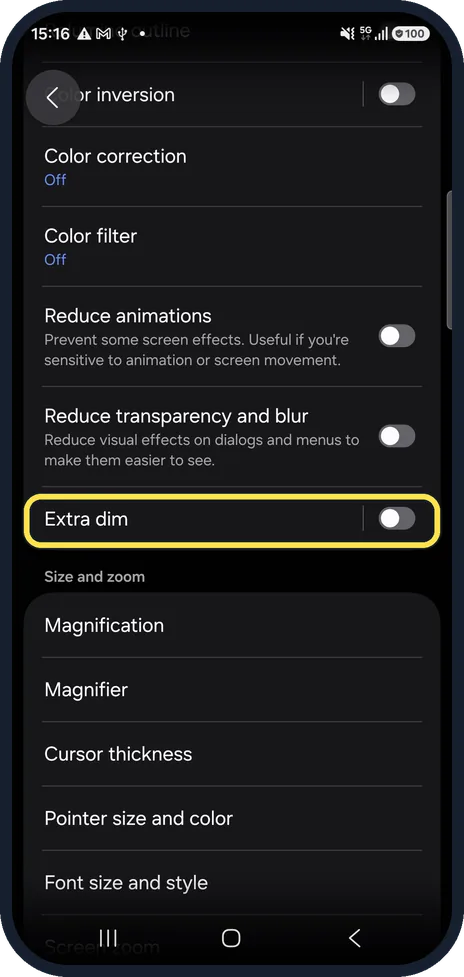 Android screenshot: Scroll down and switch on Extra dim
