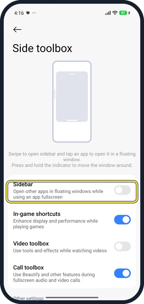 Android screenshot: Turn on Sidebar