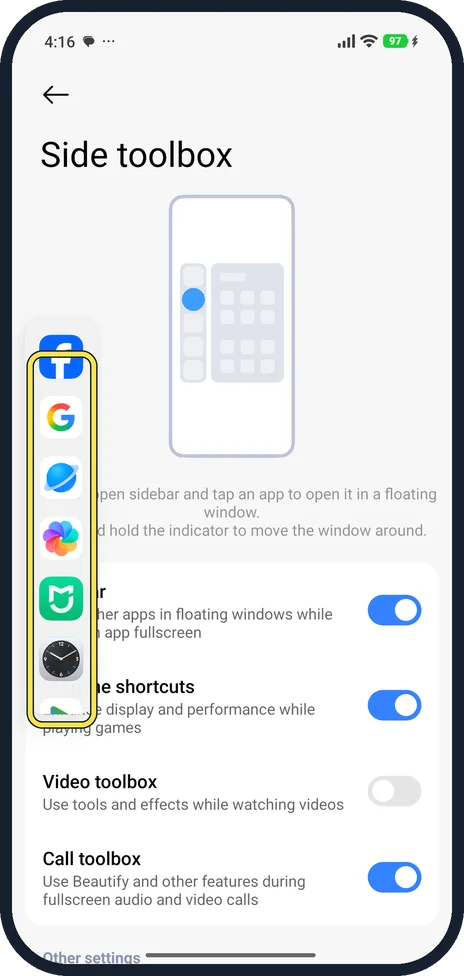 Android screenshot: Open the sidebar and tap an app