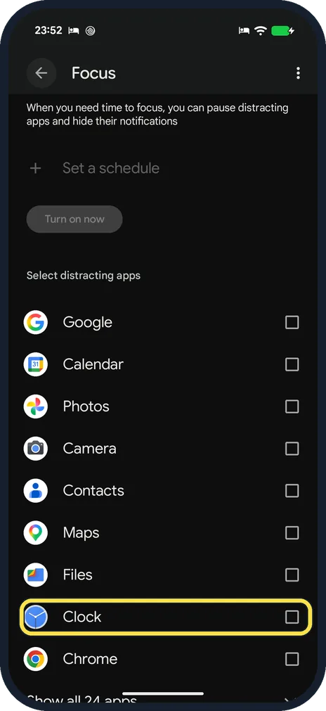 Android screenshot: Tick the apps that distract you, then tap Turn on now