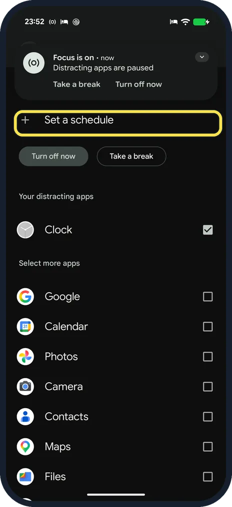 Android screenshot: Or set a schedule